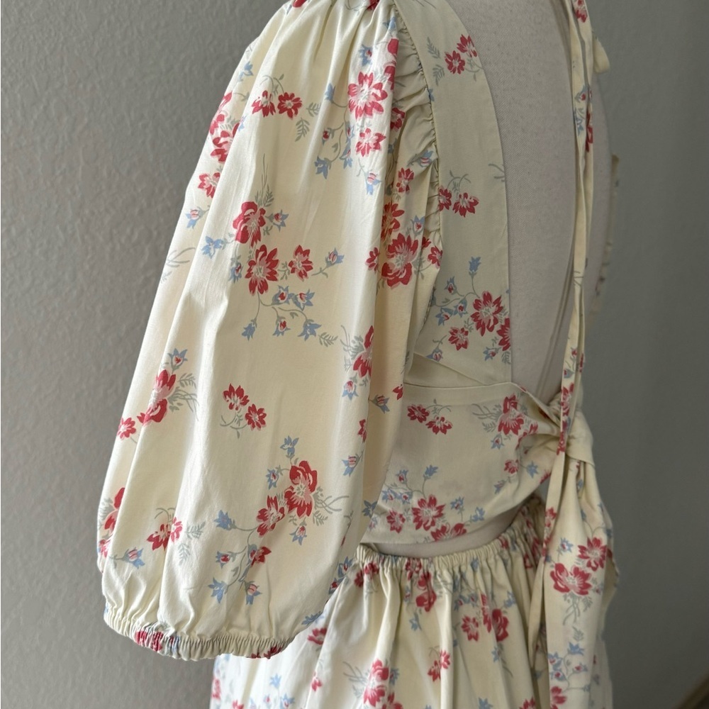 WAYF Whisper Cottage-Core‎ Square Neck Back Tie Ivory Floral Print Ivory Sz S - Picture 8 of 16